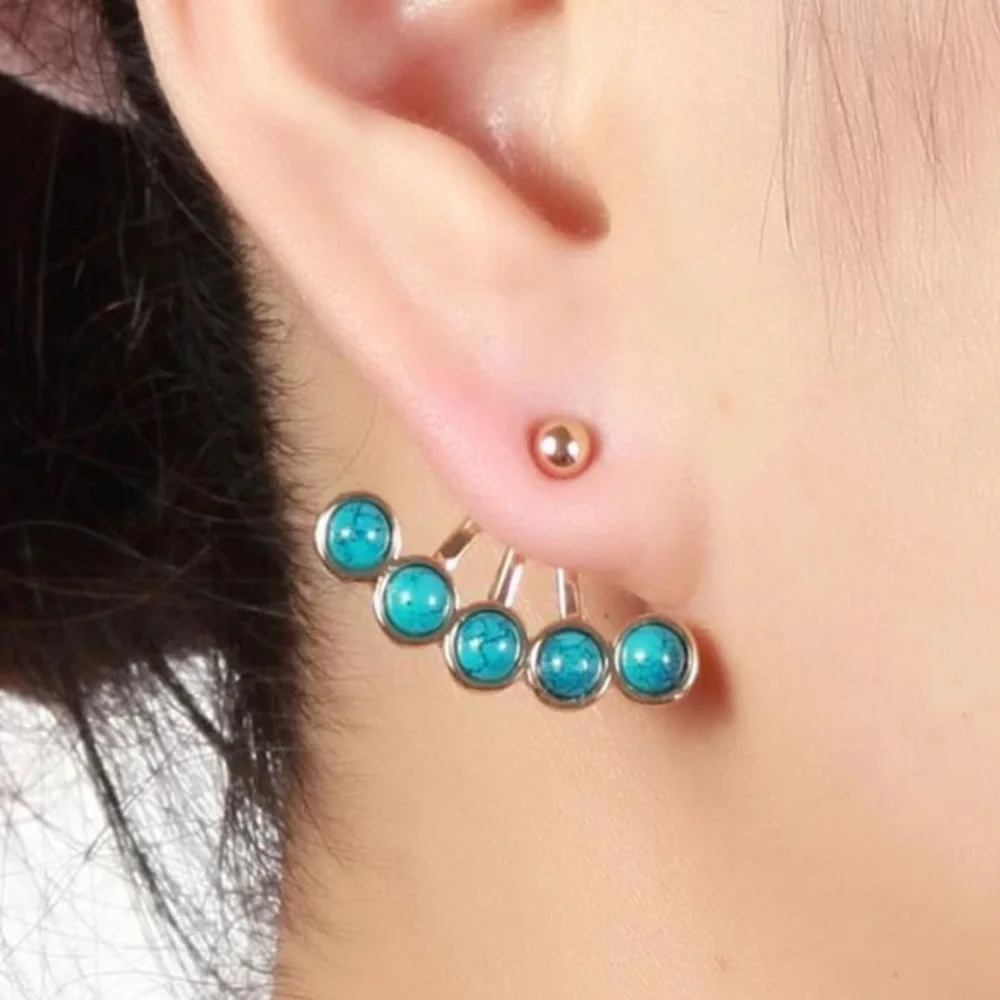 Turquoise Climber Bohemian Hippie 925 Sterling Silver Stone Minimalist Earring - Picture 6 of 6